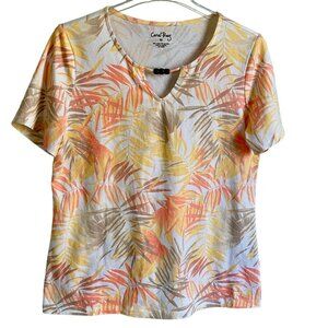 Coral Bay Tropical Print Wooden Bead Keyhole Scoop Neck Short Sleeve Top Medium